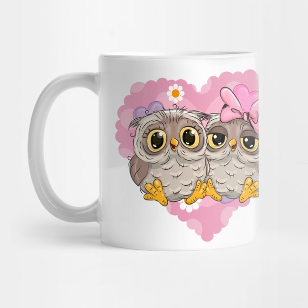 Two cute lovesick owls and a pink heart on the background by Reginast777